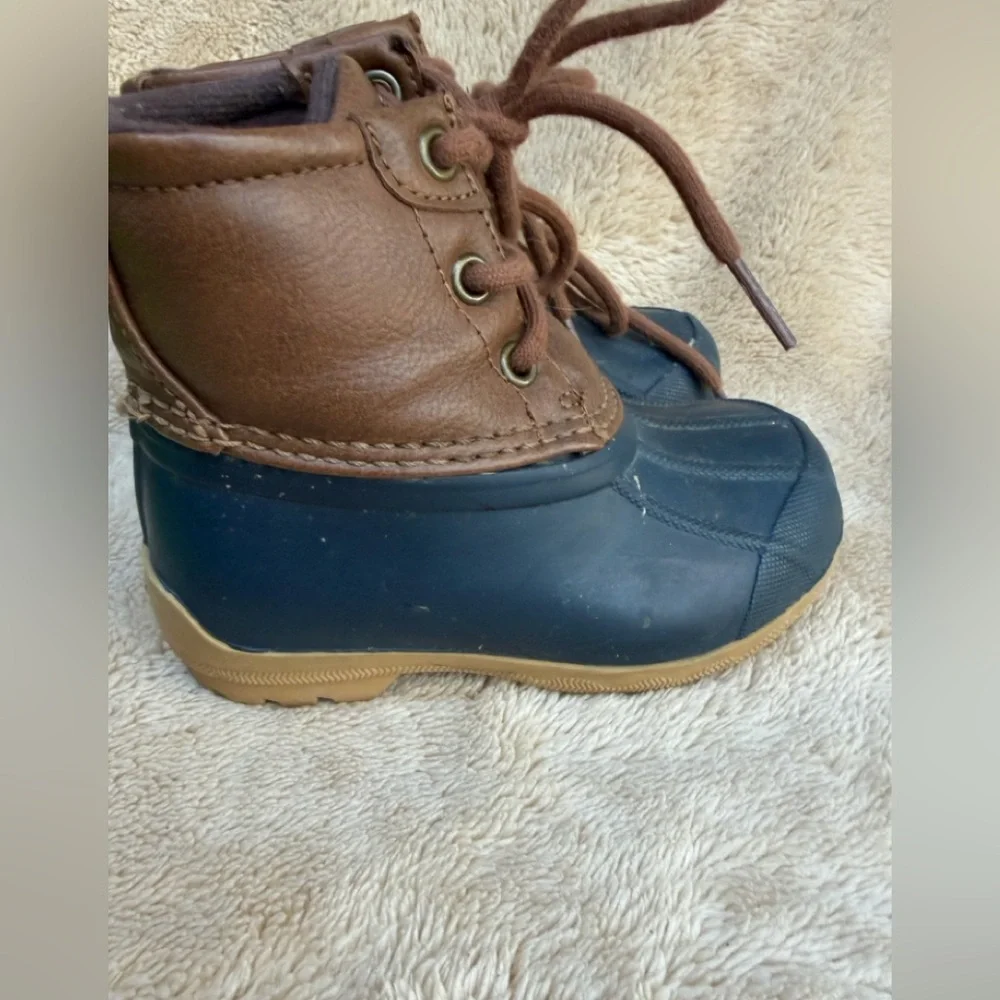 Sperry Toddler Kids Port‎ Blue Brown Duck Lace Up Winter Rain Boots Sz 6M EUC